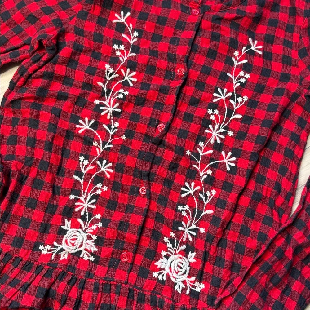 Red and Black Plaid Dress with Floral Detail